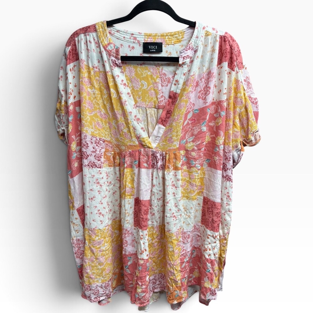 VICI Floral Patchwork Babydoll Tunic Top Pink Yellow V-Neck Boho Dress Large